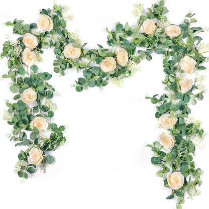 2 Pack 13Ft Artificial Eucalyptus Flower Garland with Fake Silk Rose Flower Vine Seeded Eucalyptus Leaves Greenery Garland for Wedding