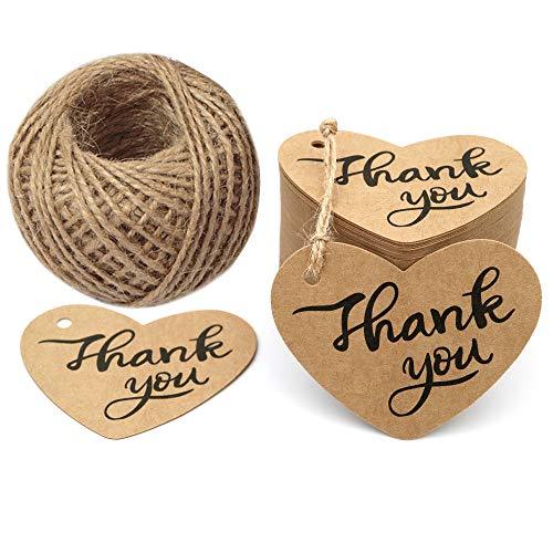 100PCS Thank You Tags 2.6" X 2" Kraft Paper Gift Tags with 100 Feet Natural Jute Twine Perfect for Valentine's Day,Baby Shower,Wedding Party Favor