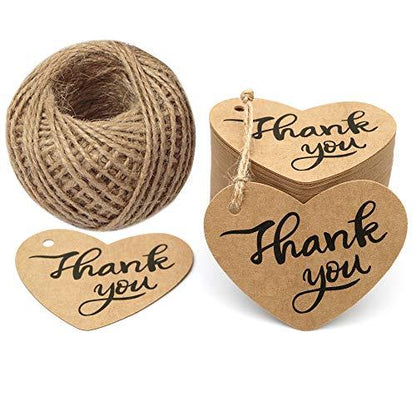 100PCS Thank You Tags 2.6" X 2" Kraft Paper Gift Tags with 100 Feet Natural Jute Twine Perfect for Valentine's Day,Baby Shower,Wedding Party Favor